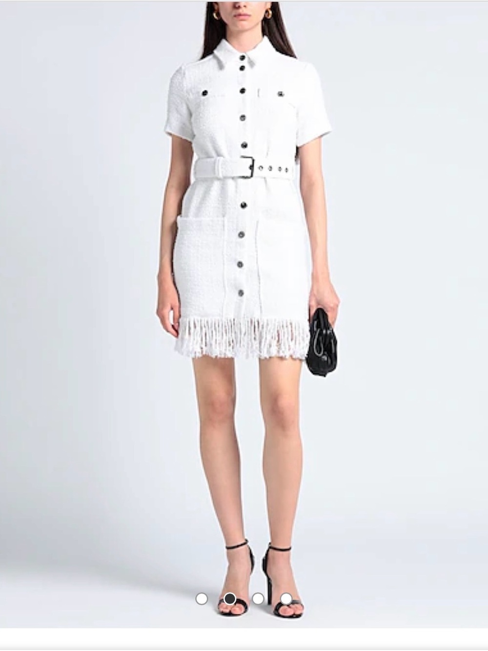 Pinko White Short-Sleeve Belted Fringe-Hem Midi Dress
